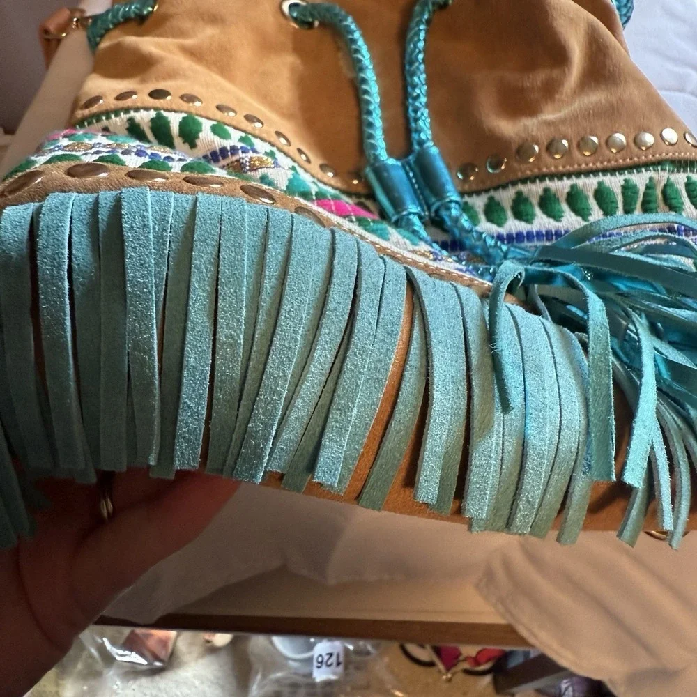 PITI CUITI Boho Suede Fringe Drawstring Large Bucket Multicolor Bag Made France